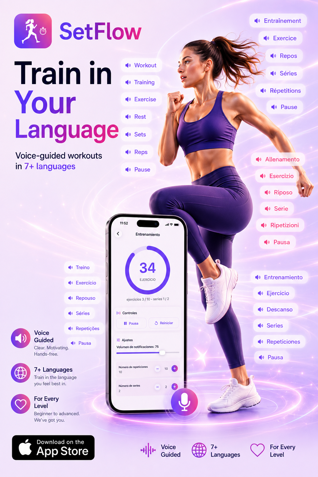 SetFlow Pulse voice-guided workout screens